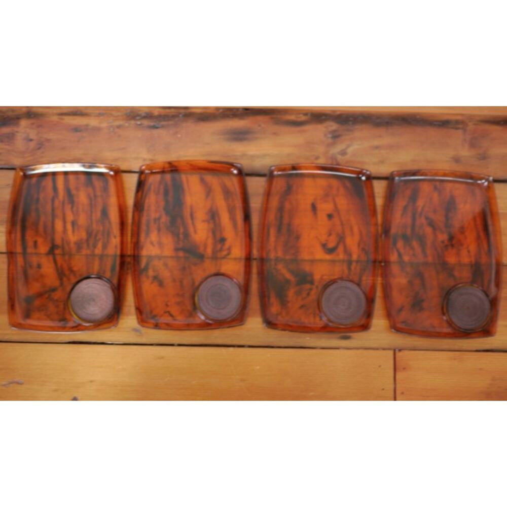 4 VTG Mid Century LUCITE Rafia Faux Tortoise Shell Cocktail Hors D'oeuvre Trays